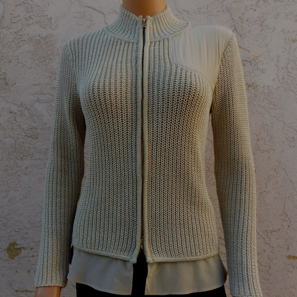 ST.JOHN Beige Wool Silk Metallic Cardigan Sweater